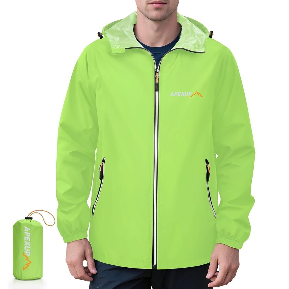 Packable Rain Jacket Men with Reflective Zipper, Lightweight Waterproof